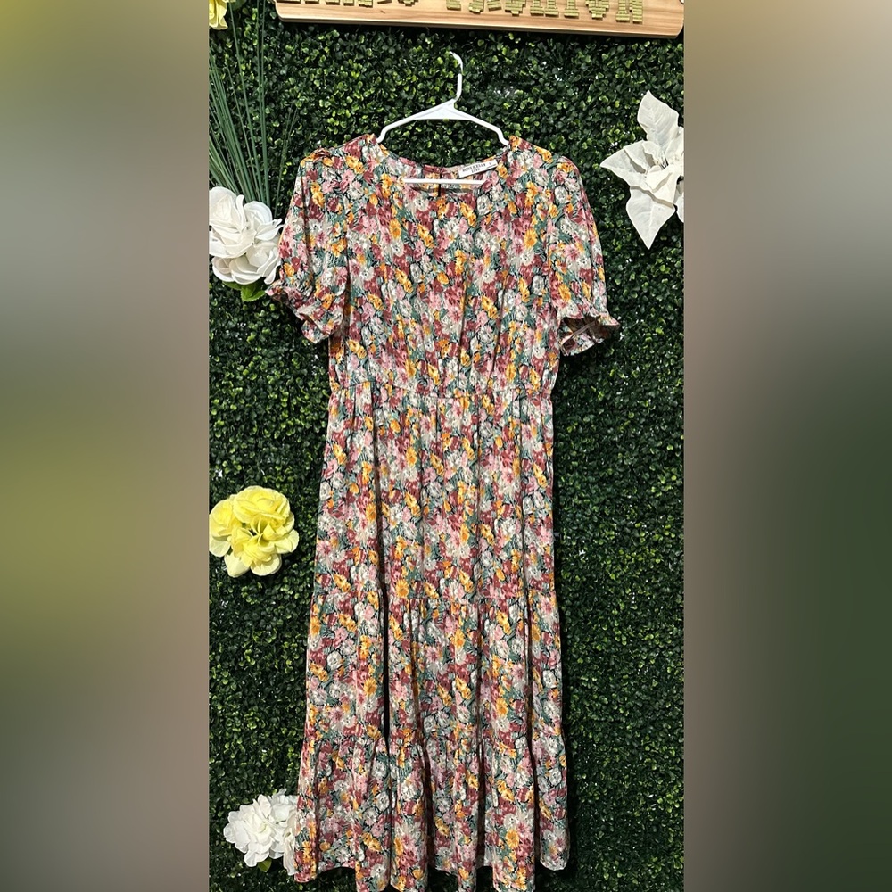 Floral  Midi Dress in Dusty Rose & Mustard